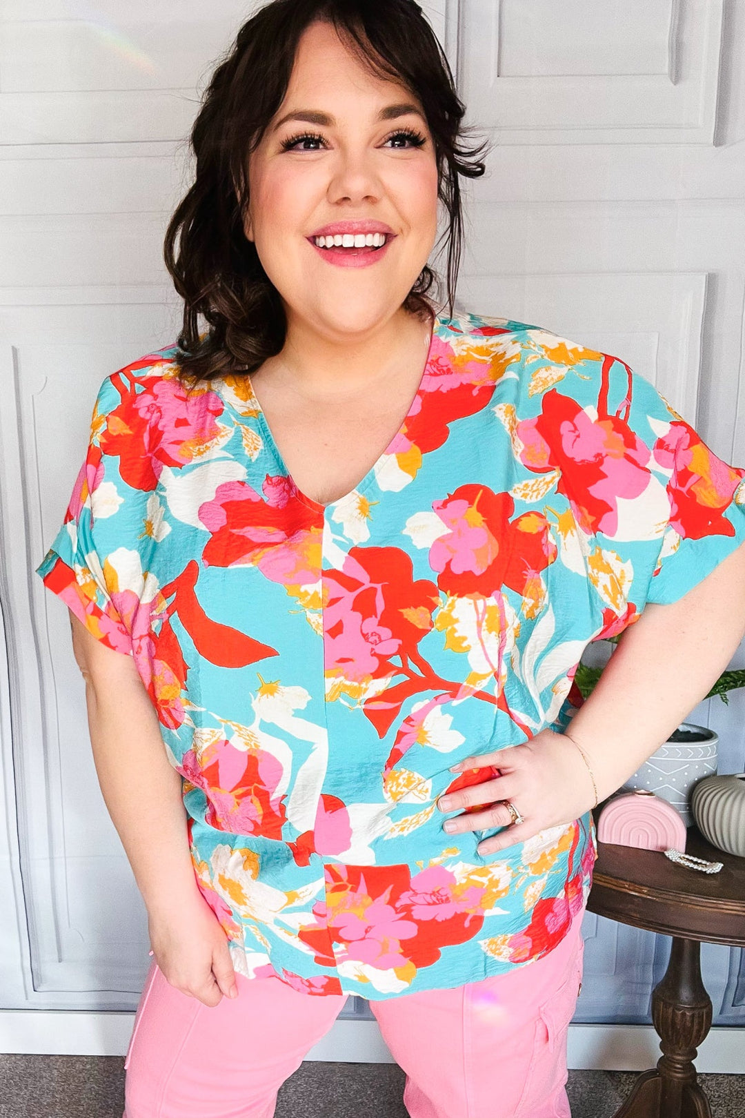 Weekend Ready Aqua &amp; Coral Floral V Neck Woven Tops | Nikki &amp; Co. Boutique
