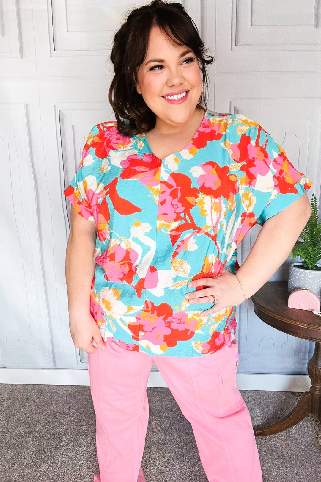 Weekend Ready Aqua &amp; Coral Floral V Neck Woven Tops | Nikki &amp; Co. Boutique