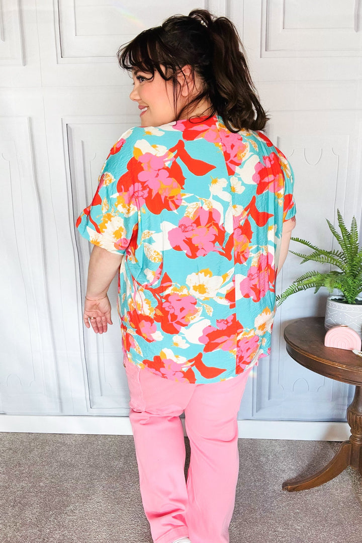 Weekend Ready Aqua &amp; Coral Floral V Neck Woven Tops | Nikki &amp; Co. Boutique