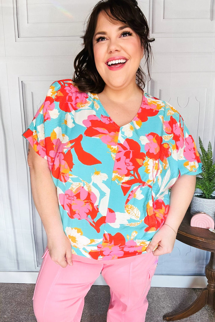 Weekend Ready Aqua &amp; Coral Floral V Neck Woven Tops | Nikki &amp; Co. Boutique