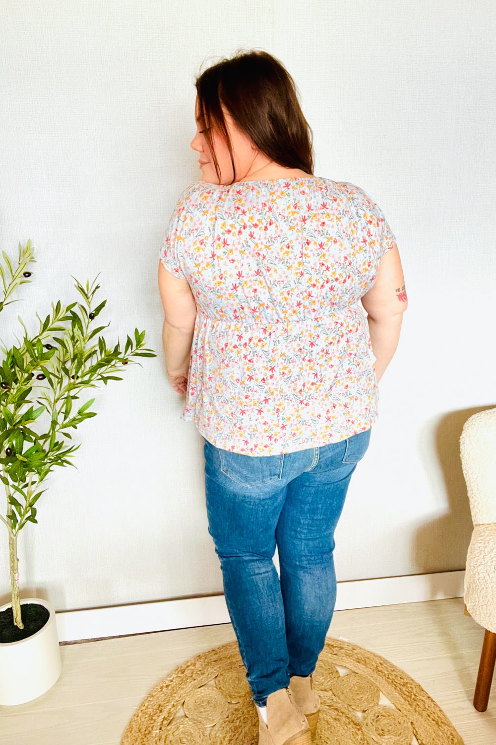 Be Charming Sky Blue Floral Print Elastic Neck Ribbon Tie Tops - Nikki &amp; Co. Boutique