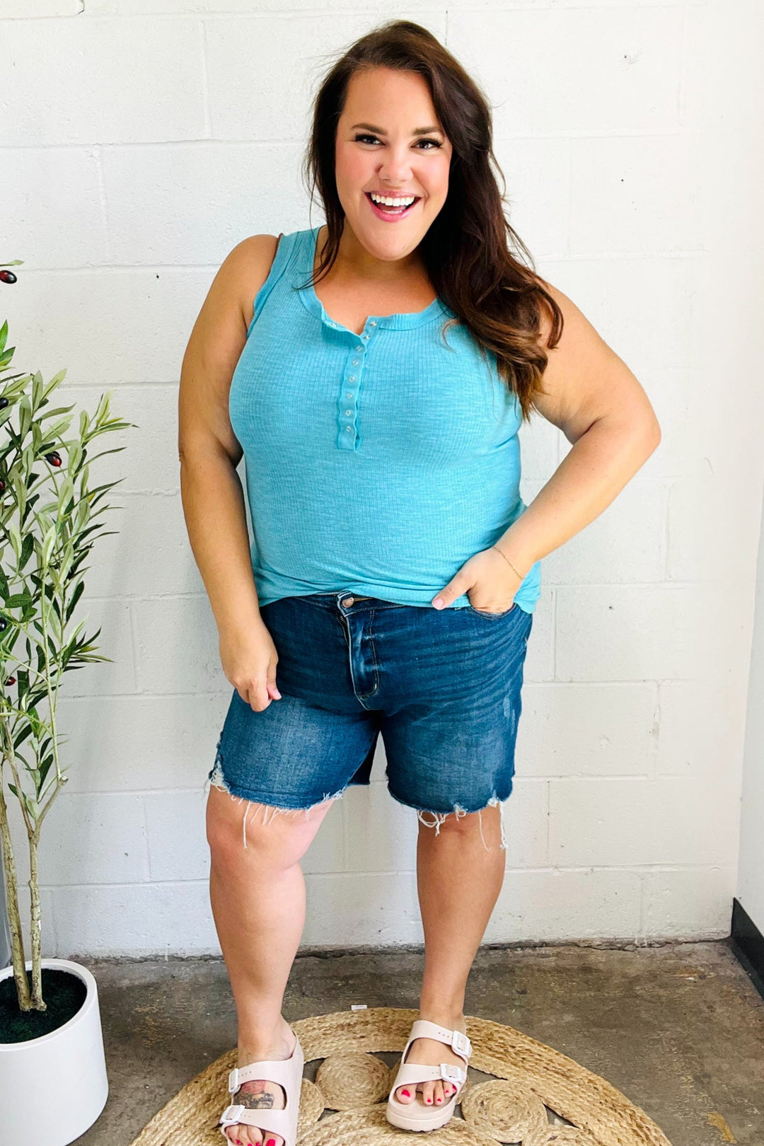 Summer Days Ice Blue Melange Ribbed Henley Button Down Tank | Nikki &amp; Co. Boutique