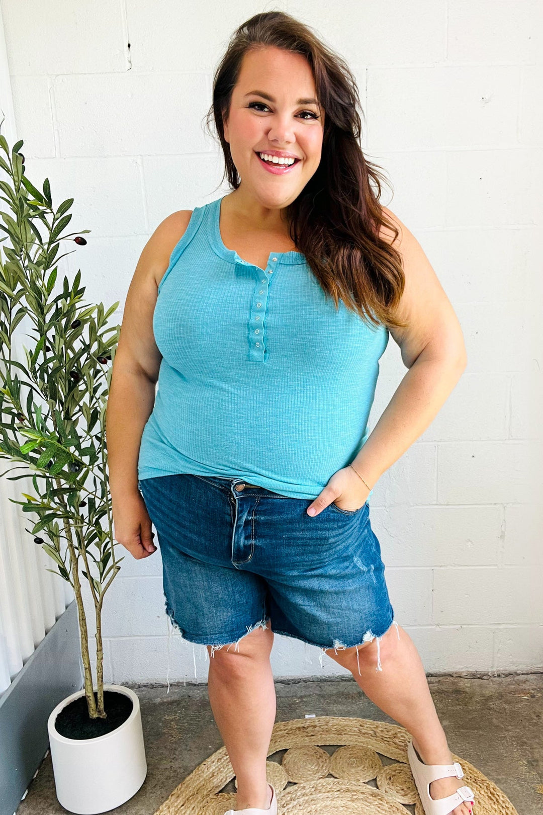Summer Days Ice Blue Melange Ribbed Henley Button Down Tank | Nikki &amp; Co. Boutique