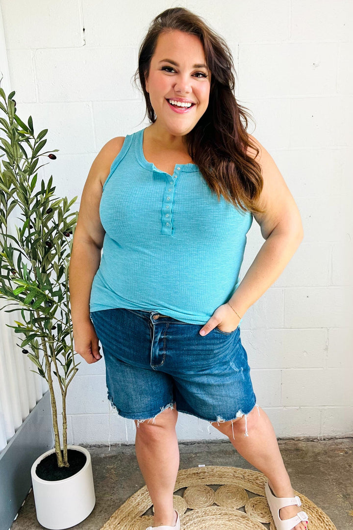 Summer Days Ice Blue Melange Ribbed Henley Button Down Tank | Nikki &amp; Co. Boutique