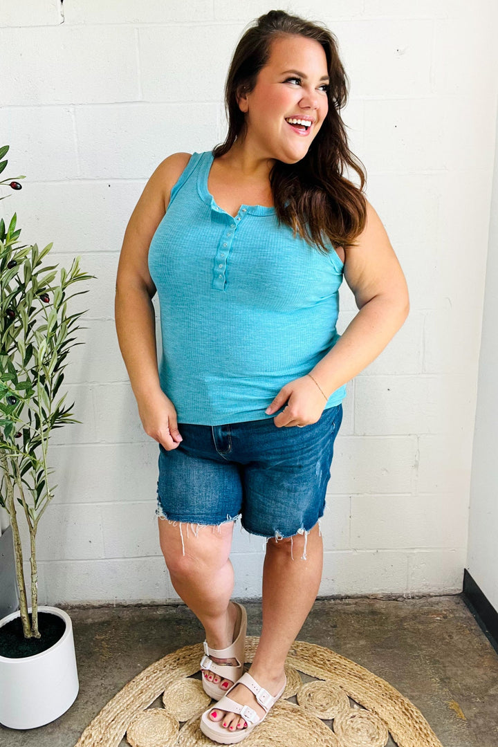 Summer Days Ice Blue Melange Ribbed Henley Button Down Tank | Nikki &amp; Co. Boutique