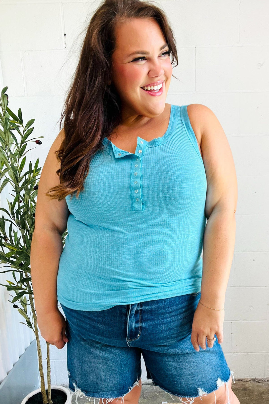 Summer Days Ice Blue Melange Ribbed Henley Button Down Tank | Nikki &amp; Co. Boutique