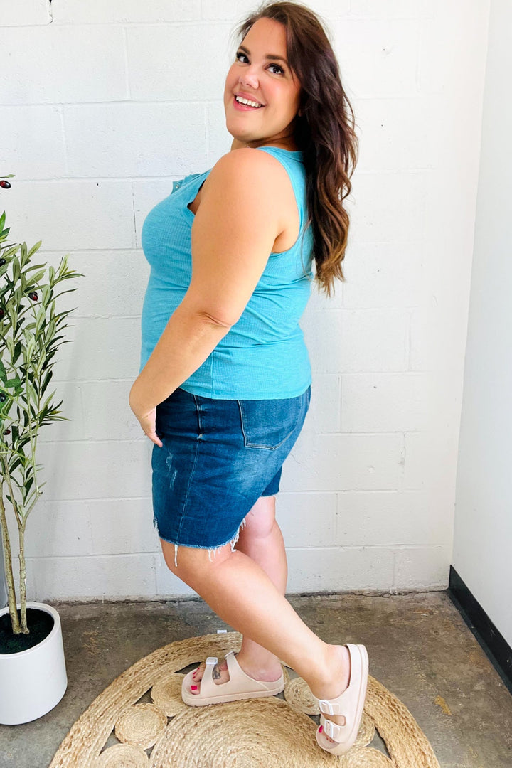 Summer Days Ice Blue Melange Ribbed Henley Button Down Tank | Nikki &amp; Co. Boutique