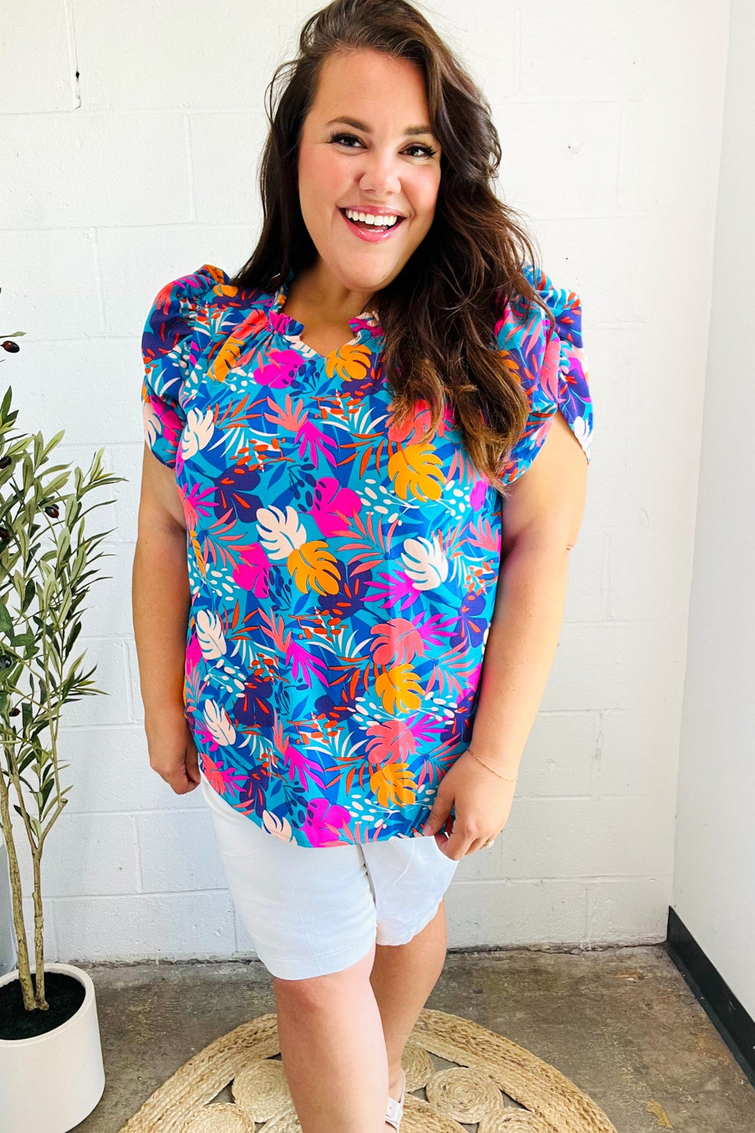 All For You Aqua Tropical Print Frill Notch Neck Puff Sleeve Tops | Nikki &amp; Co. Boutique