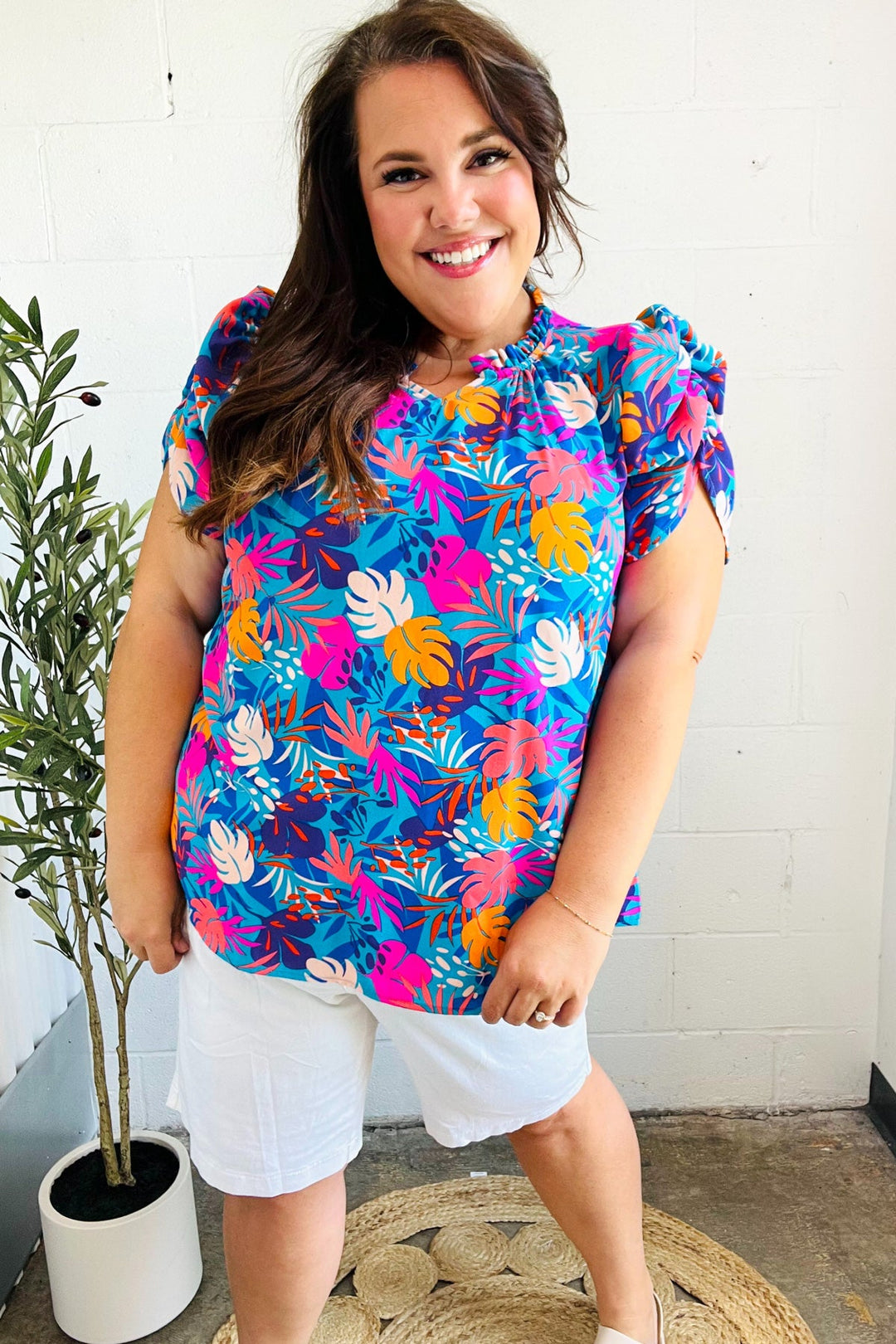 All For You Aqua Tropical Print Frill Notch Neck Puff Sleeve Tops | Nikki &amp; Co. Boutique