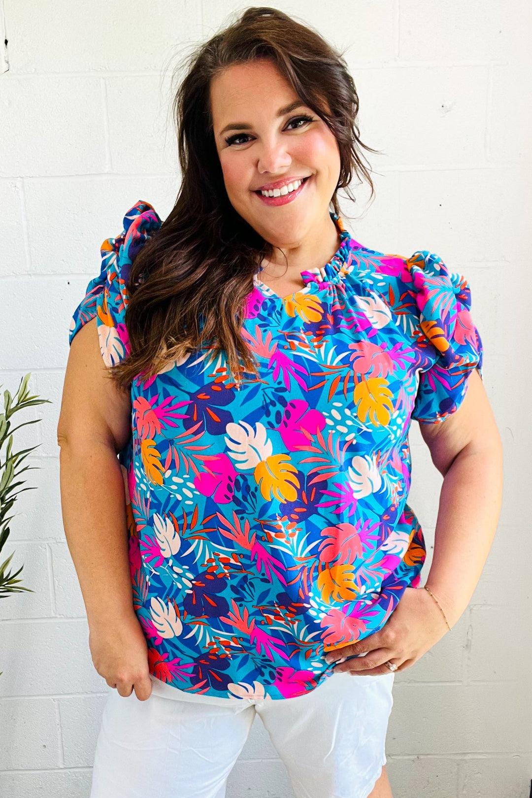 All For You Aqua Tropical Print Frill Notch Neck Puff Sleeve Tops | Nikki &amp; Co. Boutique