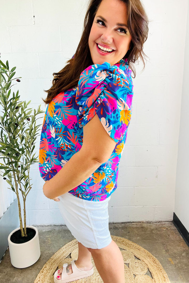 All For You Aqua Tropical Print Frill Notch Neck Puff Sleeve Tops | Nikki &amp; Co. Boutique