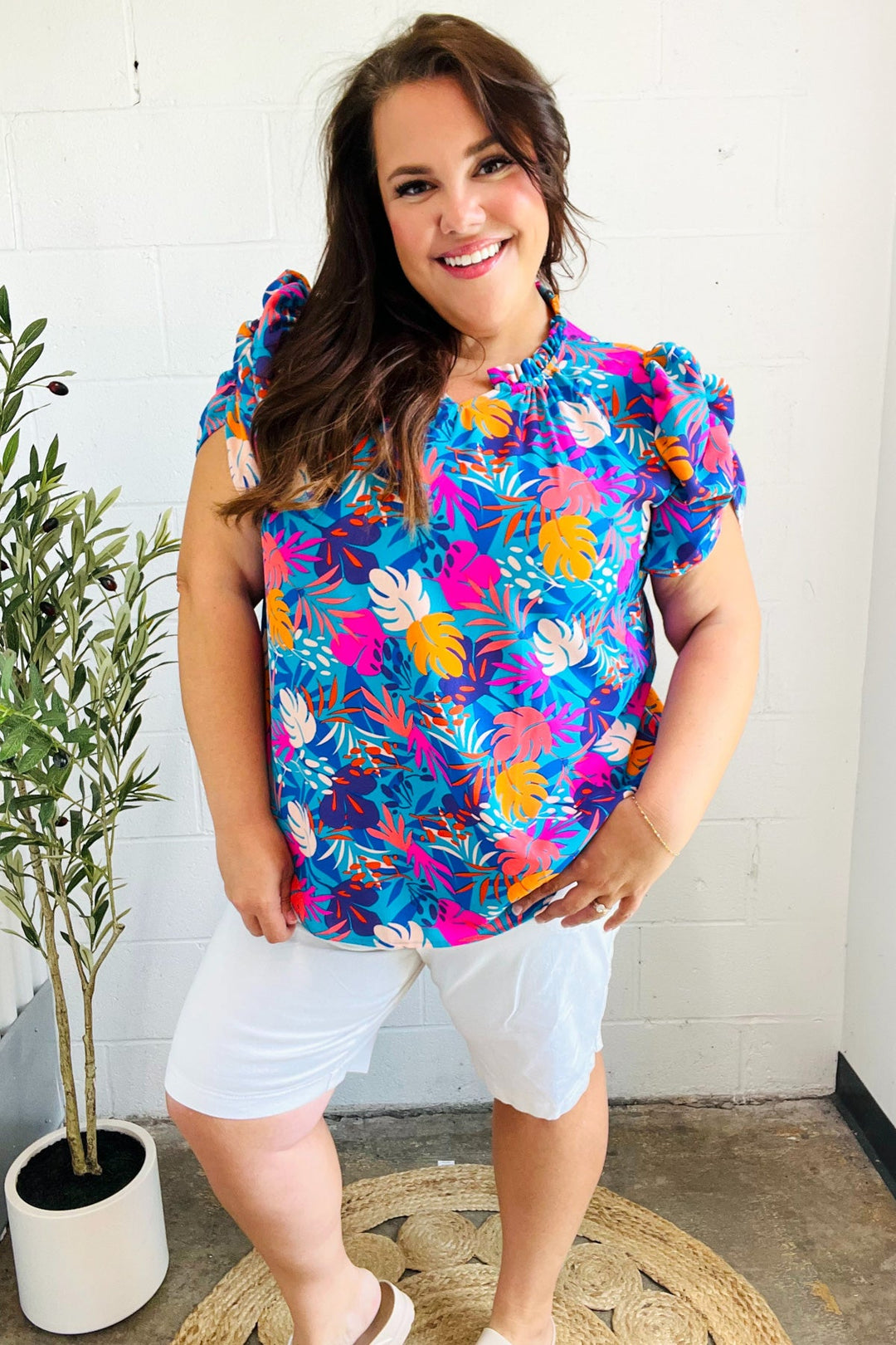 All For You Aqua Tropical Print Frill Notch Neck Puff Sleeve Tops | Nikki &amp; Co. Boutique
