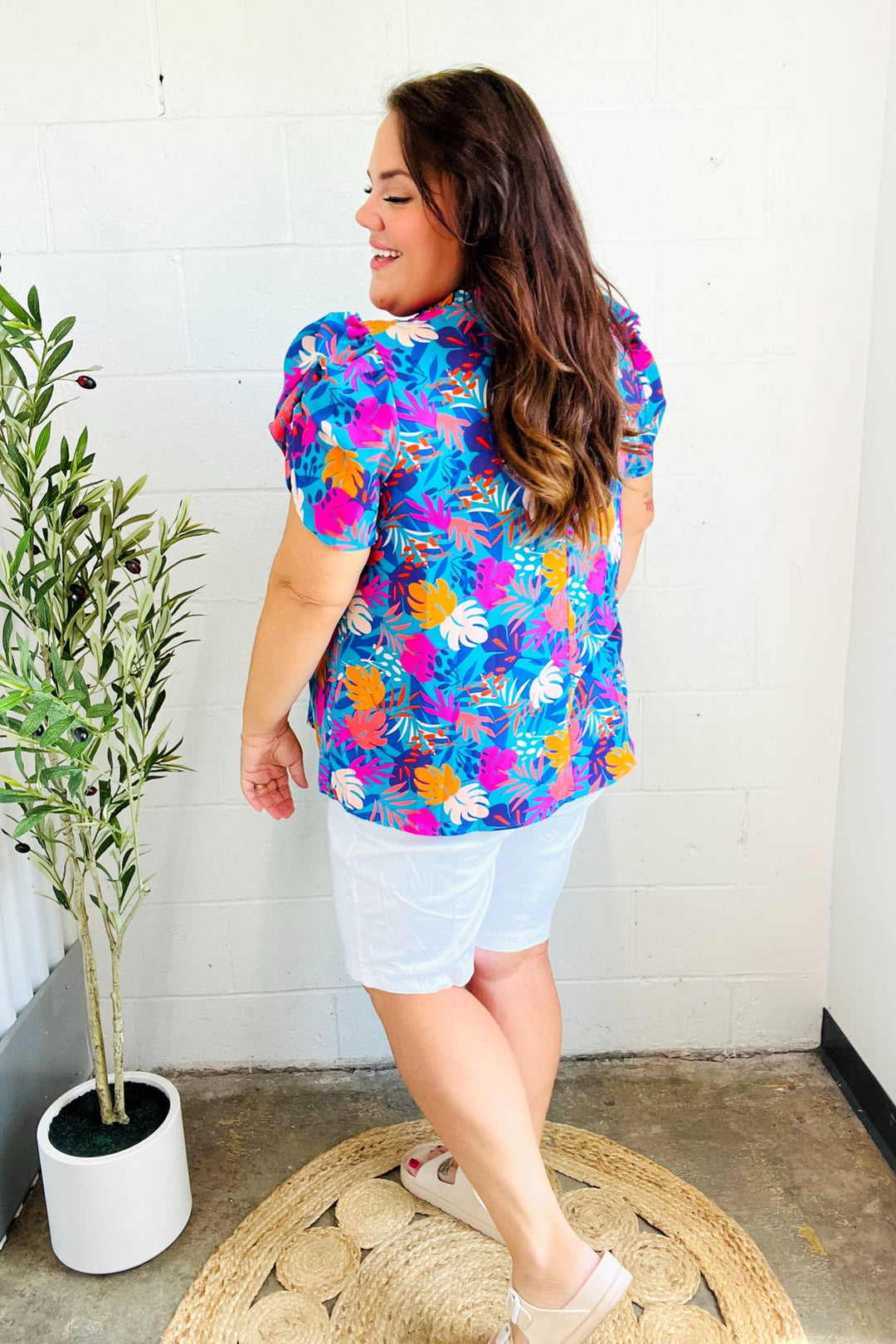 All For You Aqua Tropical Print Frill Notch Neck Puff Sleeve Tops | Nikki &amp; Co. Boutique