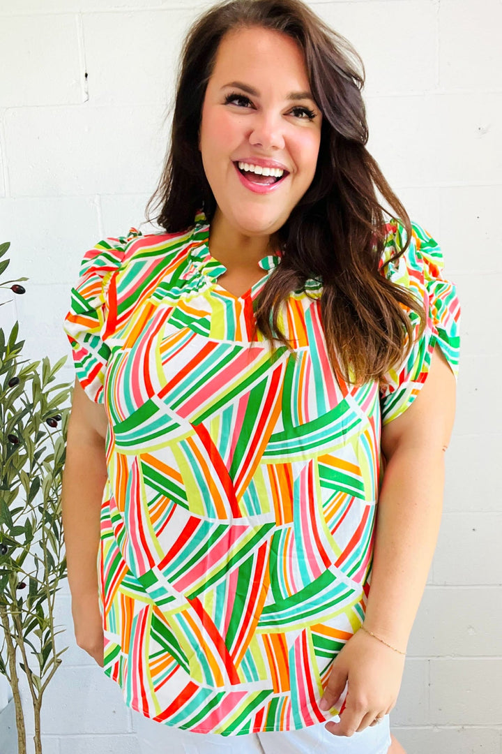 Hello Beautiful Green &amp; Orange Geo Frill Notch Neck Puff Sleeve Tops | Nikki &amp; Co. Boutique