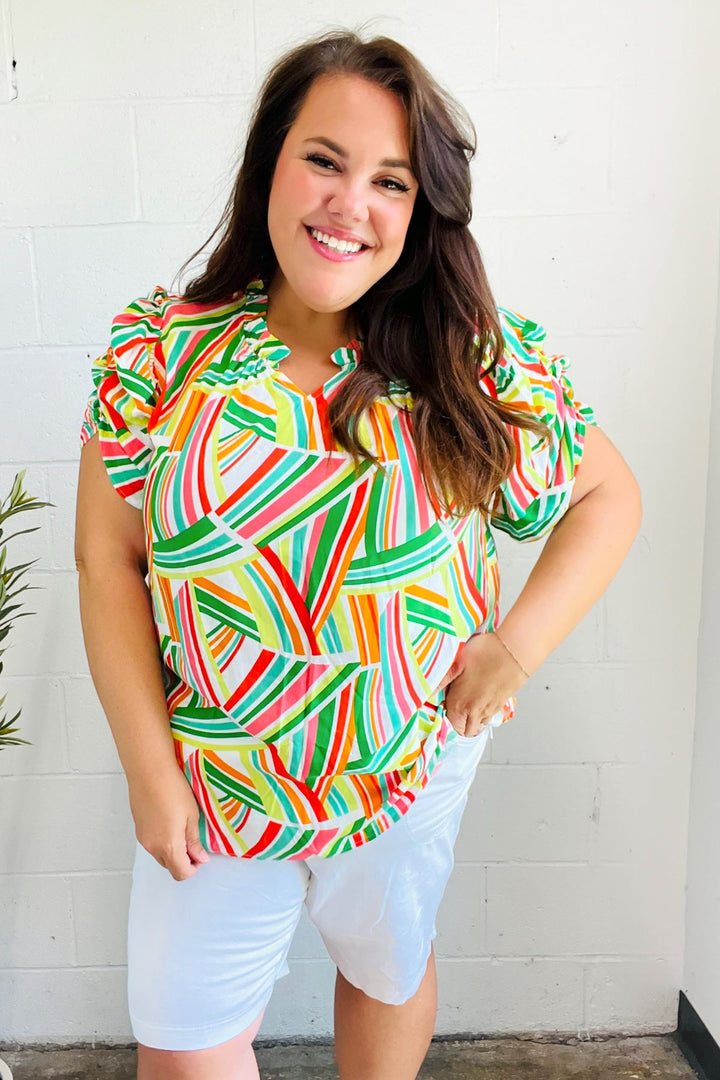 Hello Beautiful Green &amp; Orange Geo Frill Notch Neck Puff Sleeve Tops | Nikki &amp; Co. Boutique