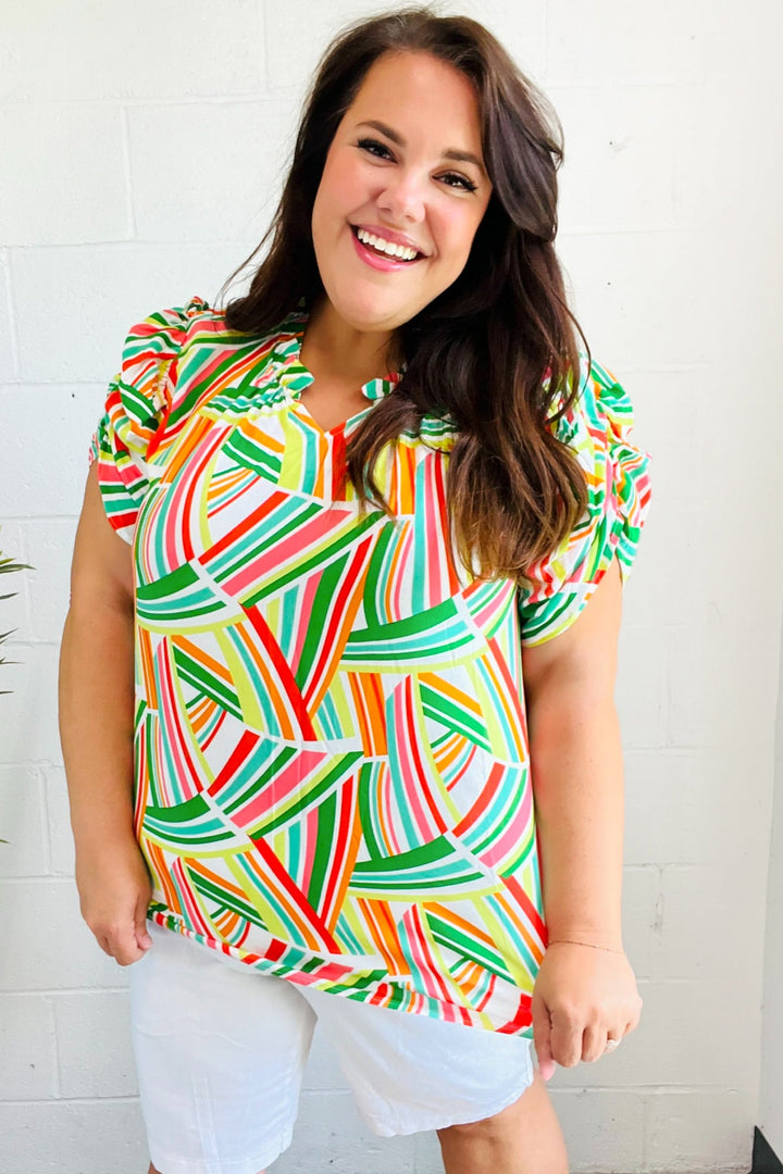 Hello Beautiful Green &amp; Orange Geo Frill Notch Neck Puff Sleeve Tops | Nikki &amp; Co. Boutique