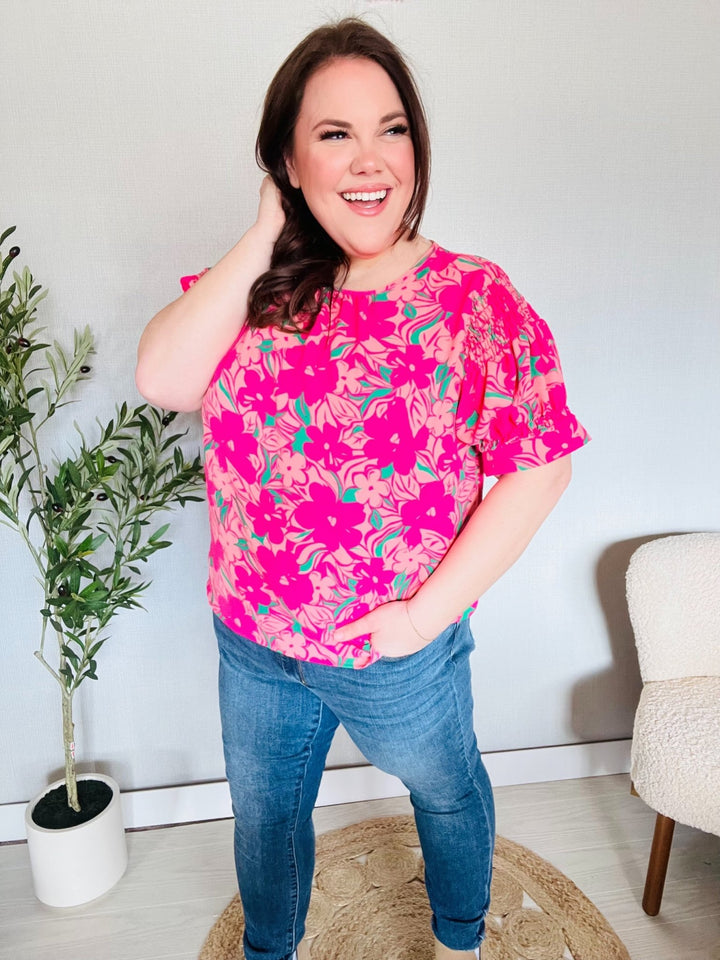 Vacay Vibes Floral Back Keyhole Shorts Smocked Banded Sleeve Tops - Nikki &amp; Co. Boutique