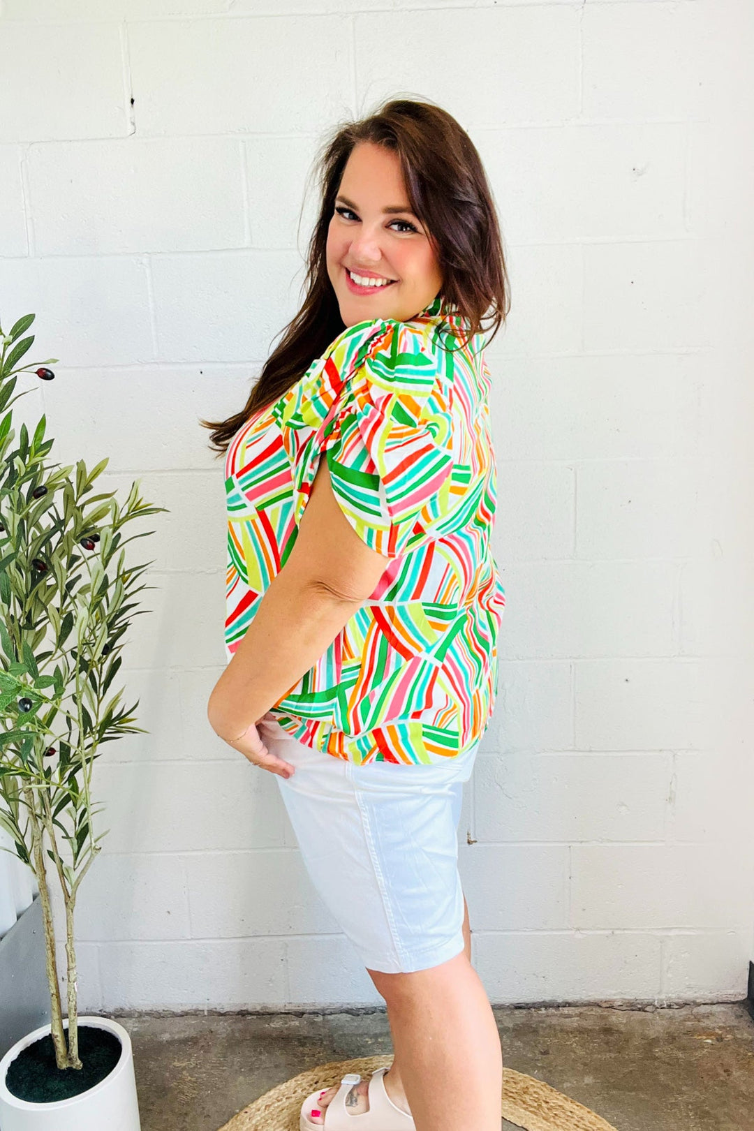 Hello Beautiful Green &amp; Orange Geo Frill Notch Neck Puff Sleeve Tops | Nikki &amp; Co. Boutique