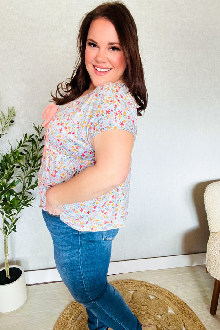 Be Charming Sky Blue Floral Print Elastic Neck Ribbon Tie Tops - Nikki &amp; Co. Boutique