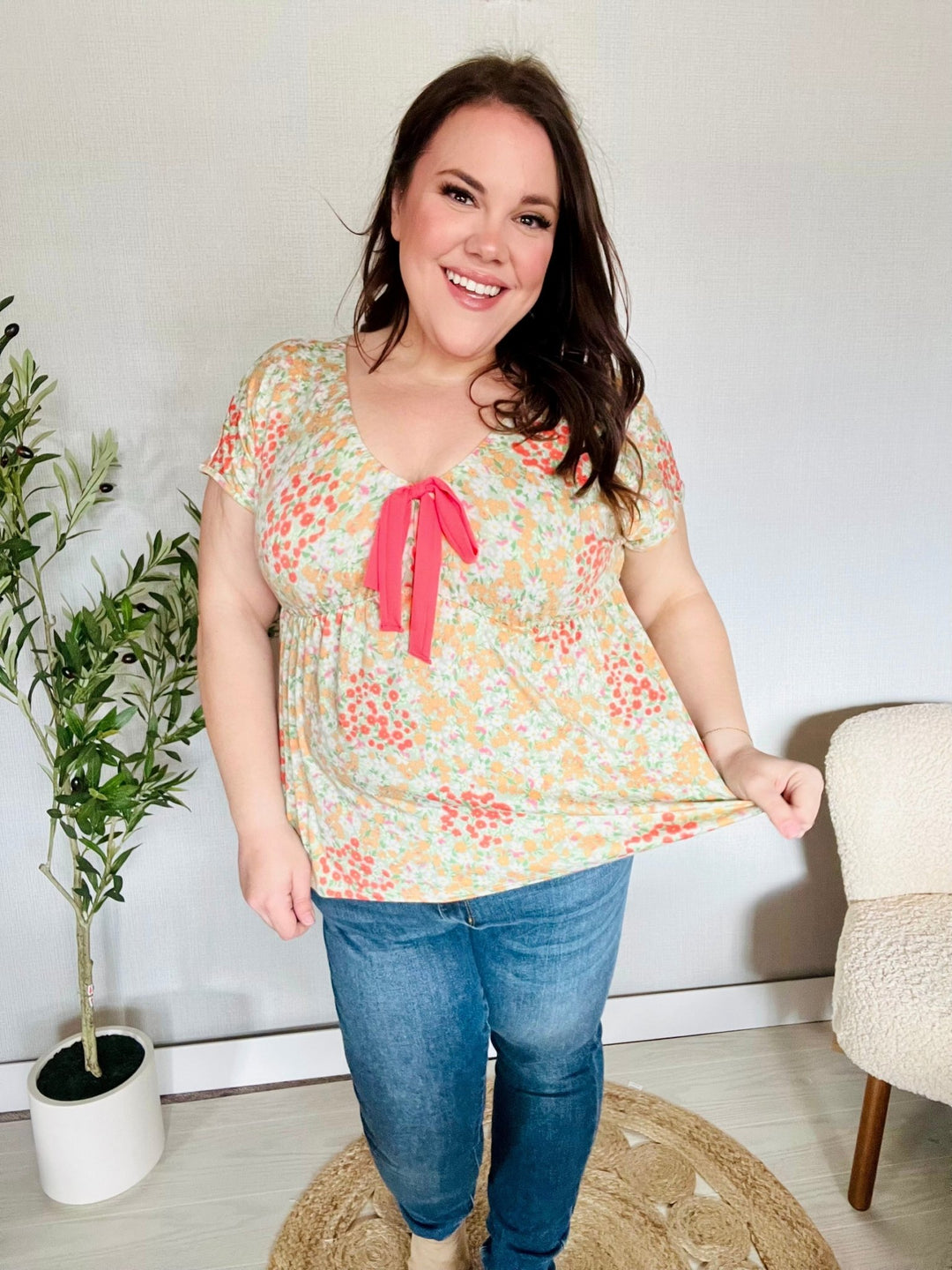 Be Charming Sage Floral Print Elastic Neck Ribbon Bow Tie Tops - Nikki &amp; Co. Boutique
