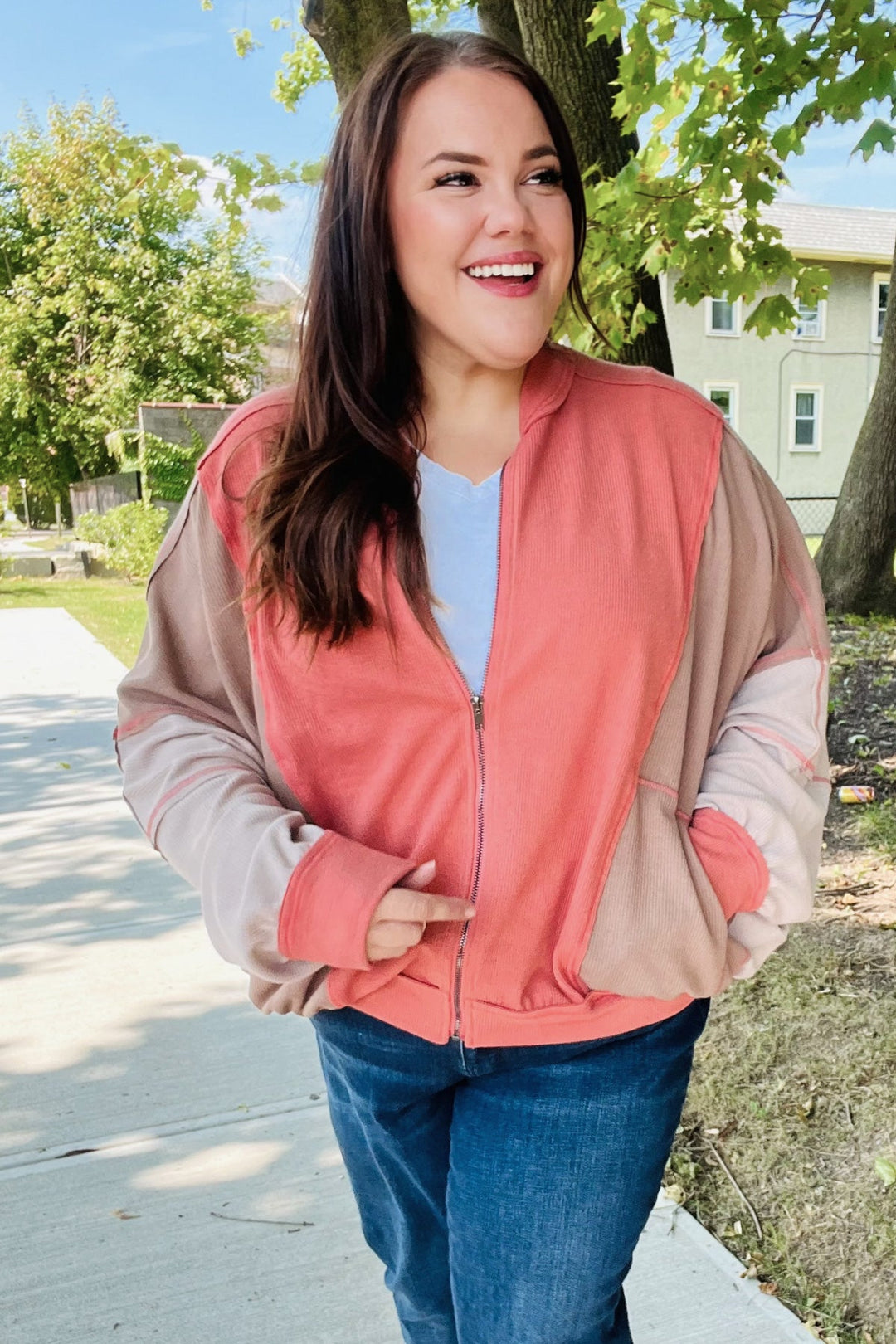 Boldy You Camel Dolman Sleeve Colorblock Knit Bomber Jacket | Nikki & Co. Boutique