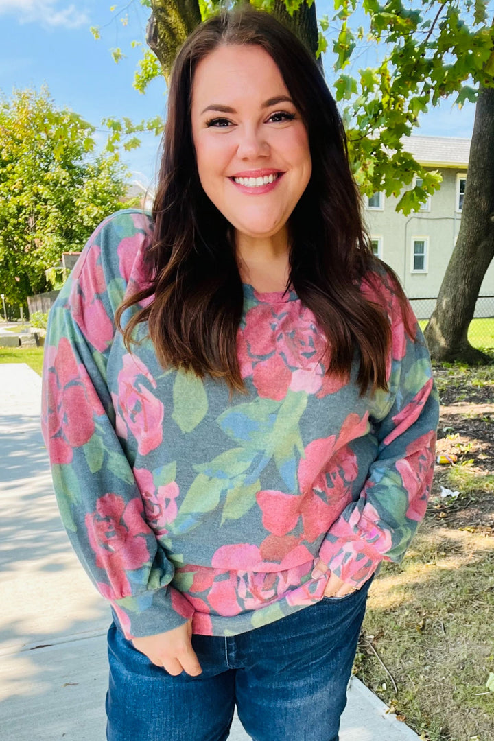 Everyday Hunter Green Floral Brushed Hacci Sweater Top | Nikki &amp; Co. Boutique