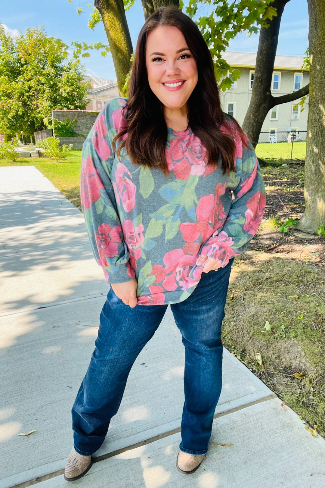 Everyday Hunter Green Floral Brushed Hacci Sweater Top | Nikki &amp; Co. Boutique