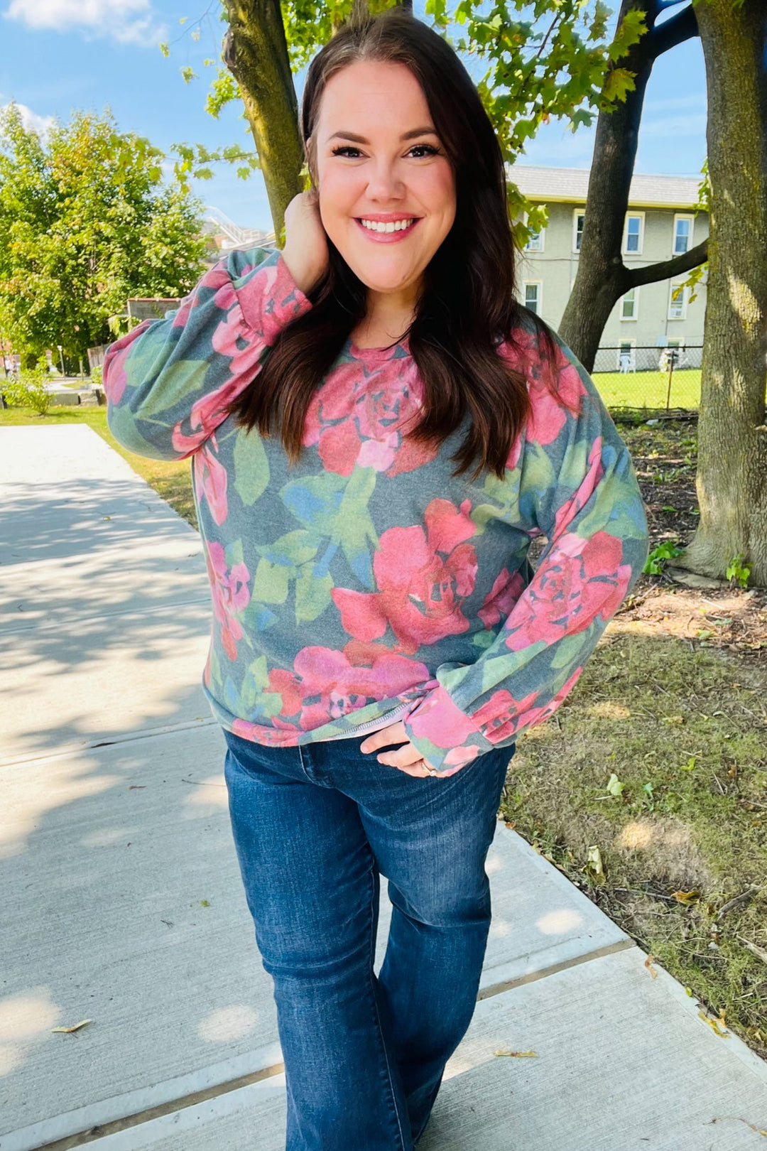 Everyday Hunter Green Floral Brushed Hacci Sweater Top | Nikki &amp; Co. Boutique