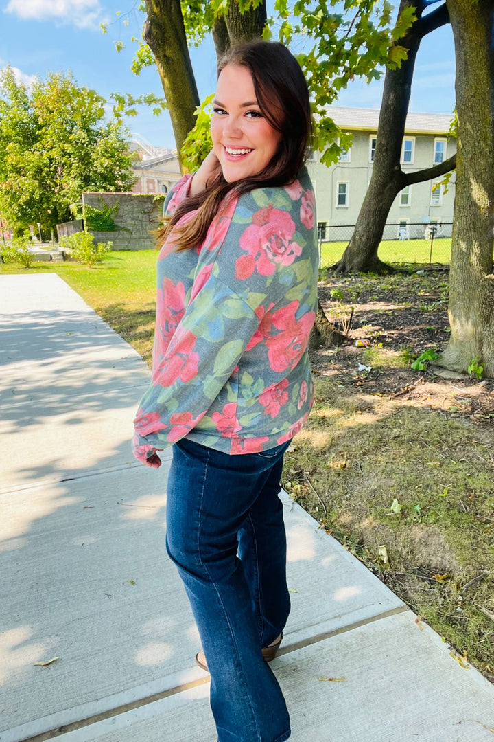 Everyday Hunter Green Floral Brushed Hacci Sweater Top | Nikki &amp; Co. Boutique