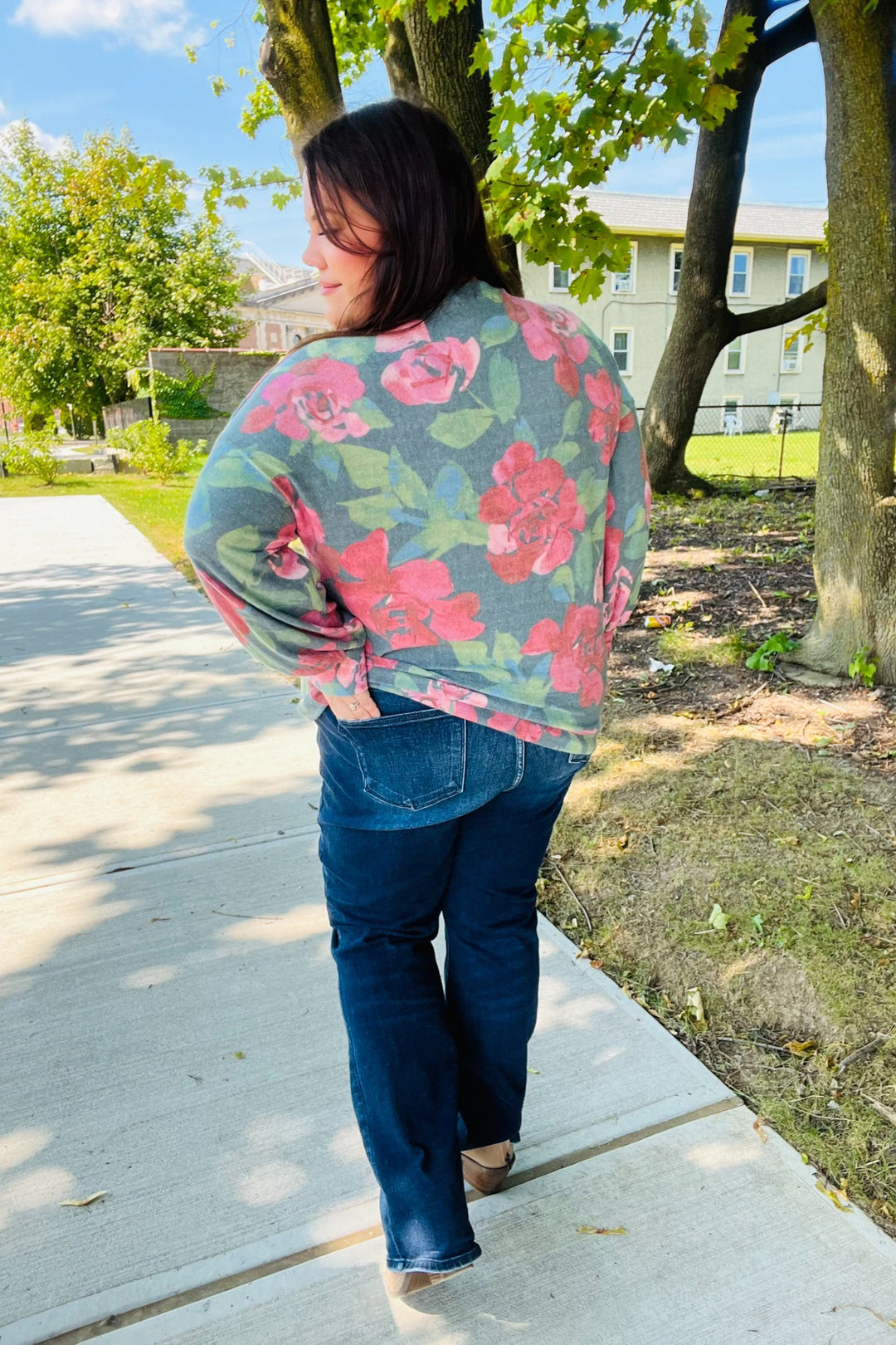 Everyday Hunter Green Floral Brushed Hacci Sweater Top | Nikki &amp; Co. Boutique