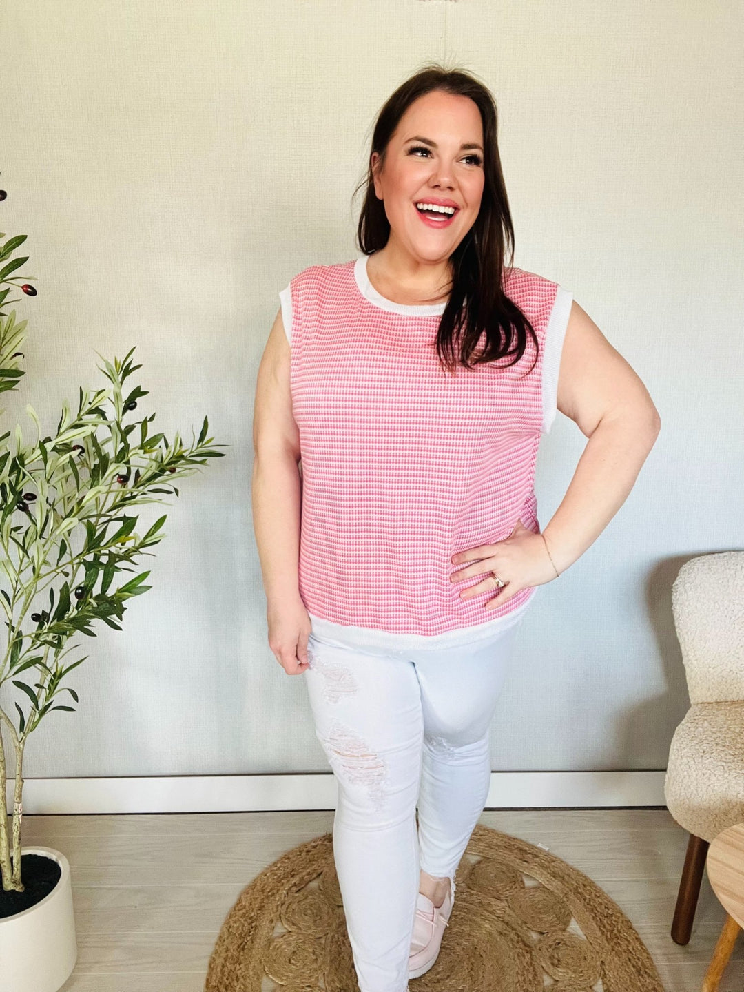 Lock Eyes Pink &amp; Ivory Jacquard Waffle Knit Banded Sleeveless Top - Nikki &amp; Co. Boutique