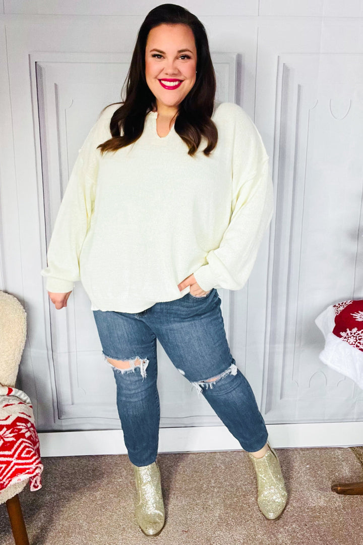 Lock Eyes Ivory Notched Neck With Patch Oversized Sweater | Nikki &amp; Co. Boutique