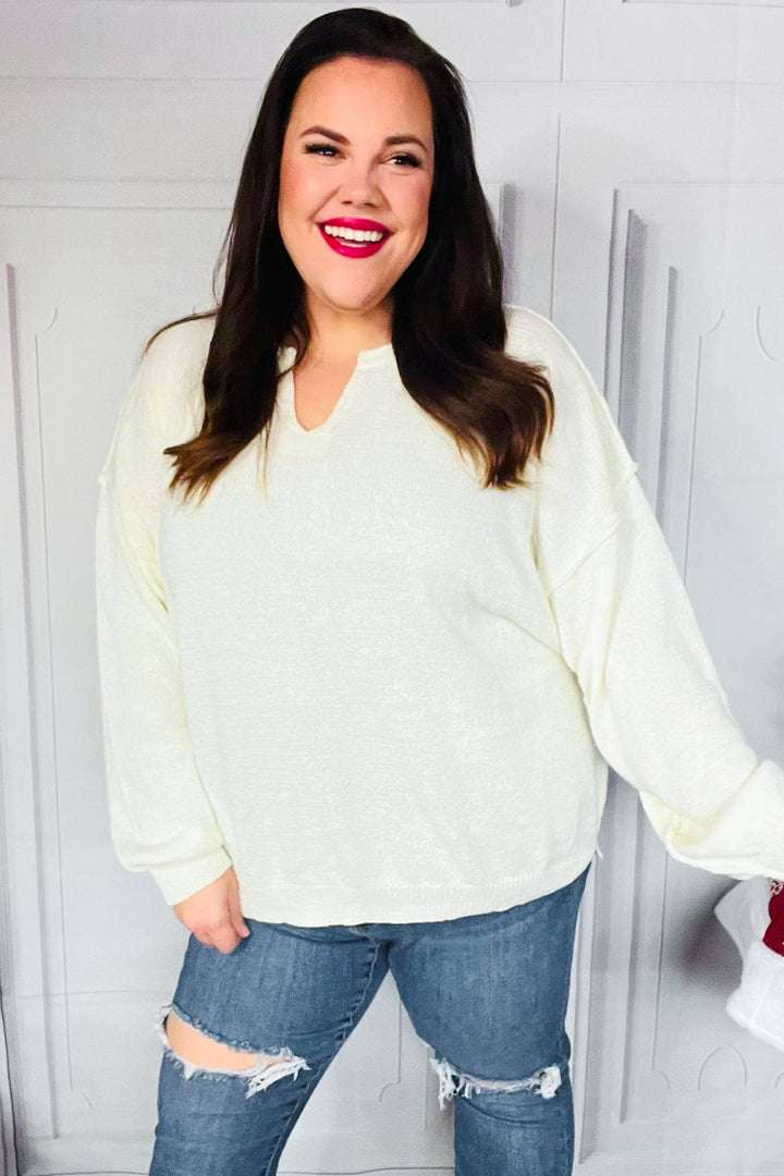 Lock Eyes Ivory Notched Neck With Patch Oversized Sweater | Nikki &amp; Co. Boutique