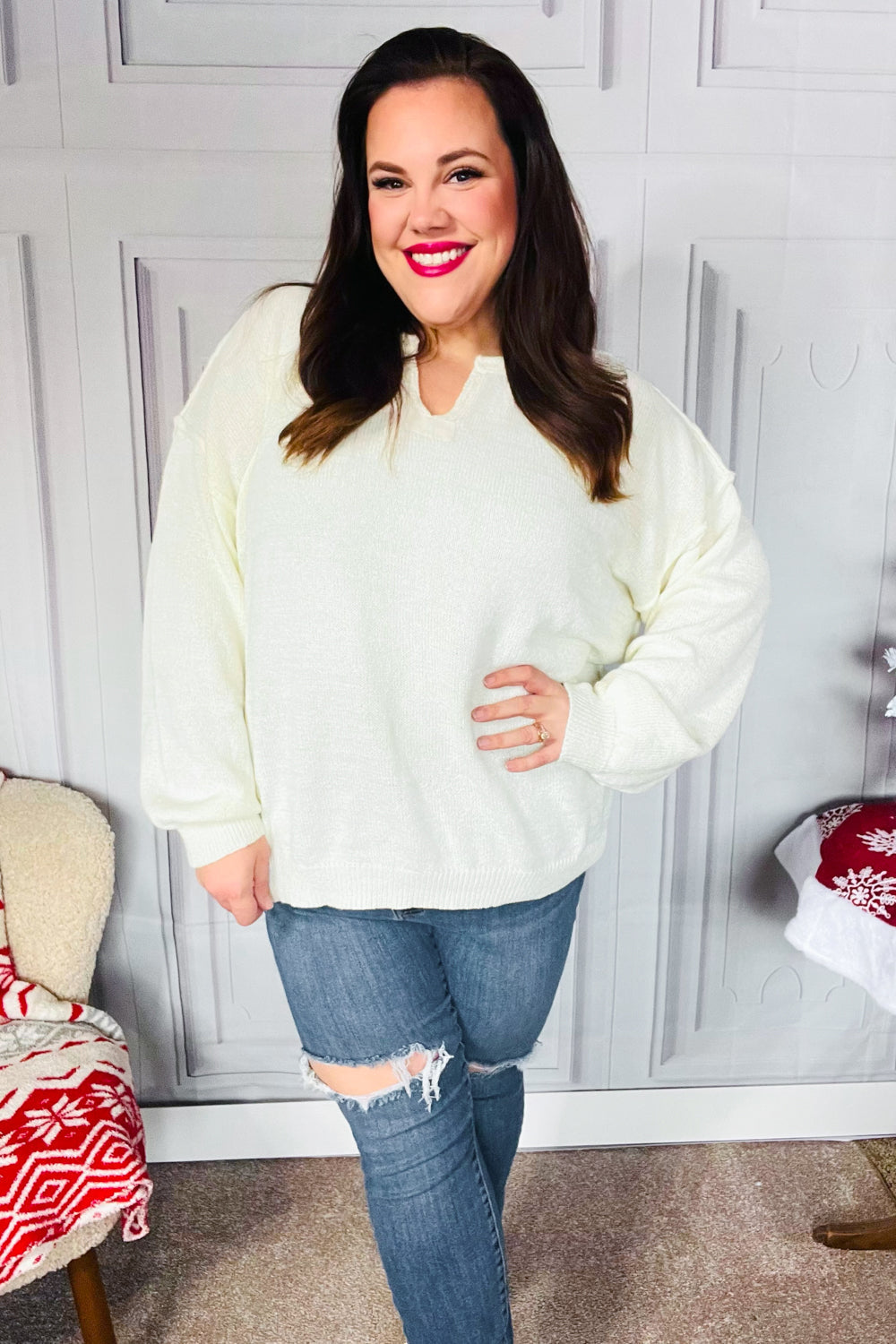 Lock Eyes Ivory Notched Neck With Patch Oversized Sweater | Nikki &amp; Co. Boutique