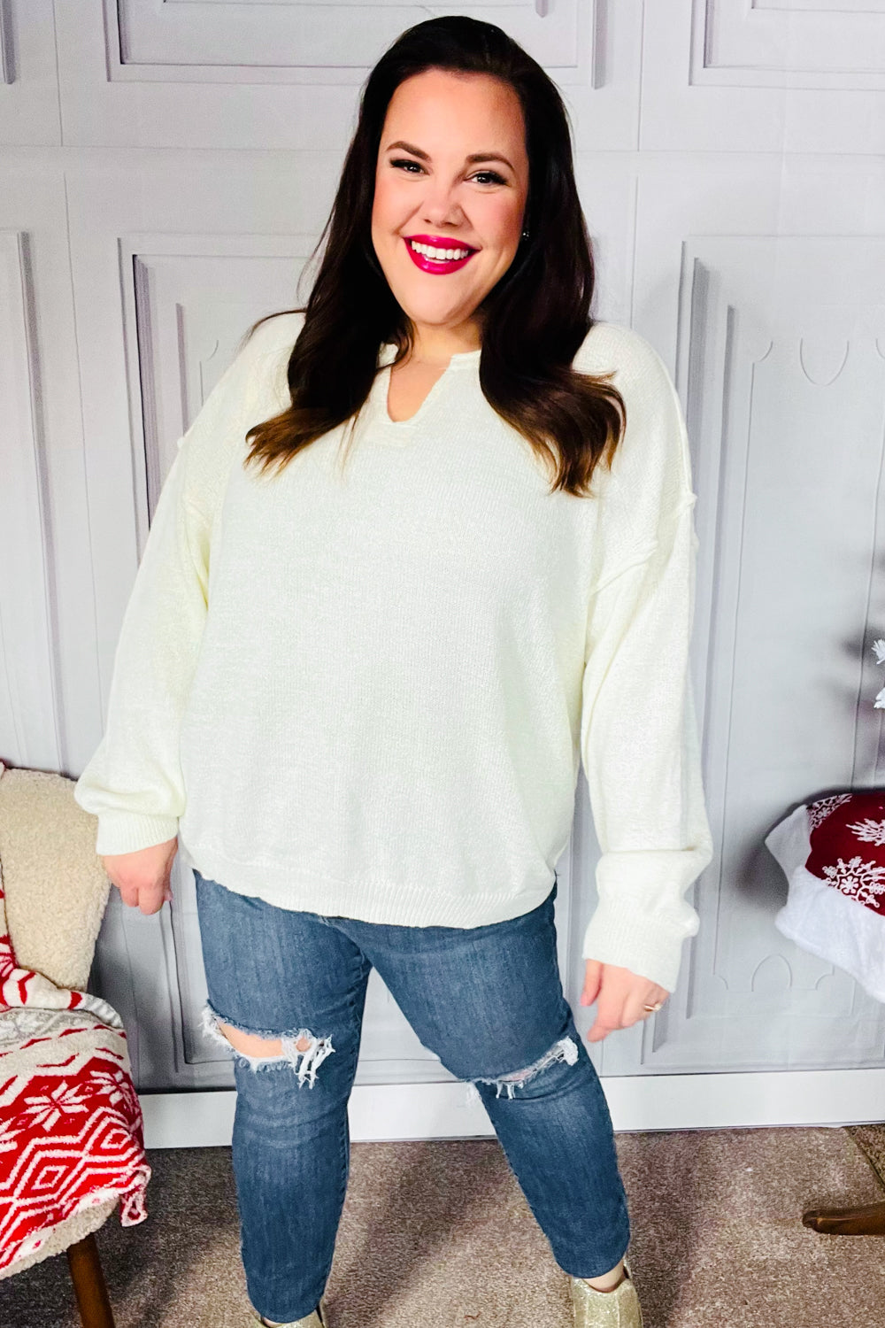 Lock Eyes Ivory Notched Neck With Patch Oversized Sweater | Nikki &amp; Co. Boutique