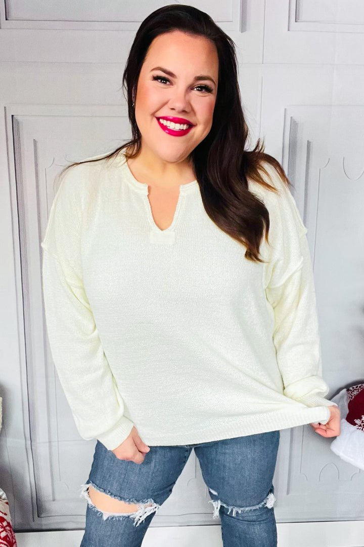 Lock Eyes Ivory Notched Neck With Patch Oversized Sweater | Nikki &amp; Co. Boutique