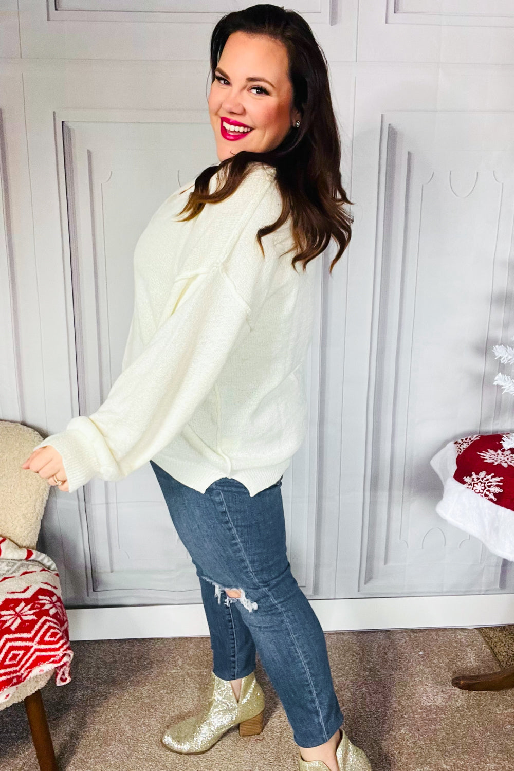 Lock Eyes Ivory Notched Neck With Patch Oversized Sweater | Nikki &amp; Co. Boutique