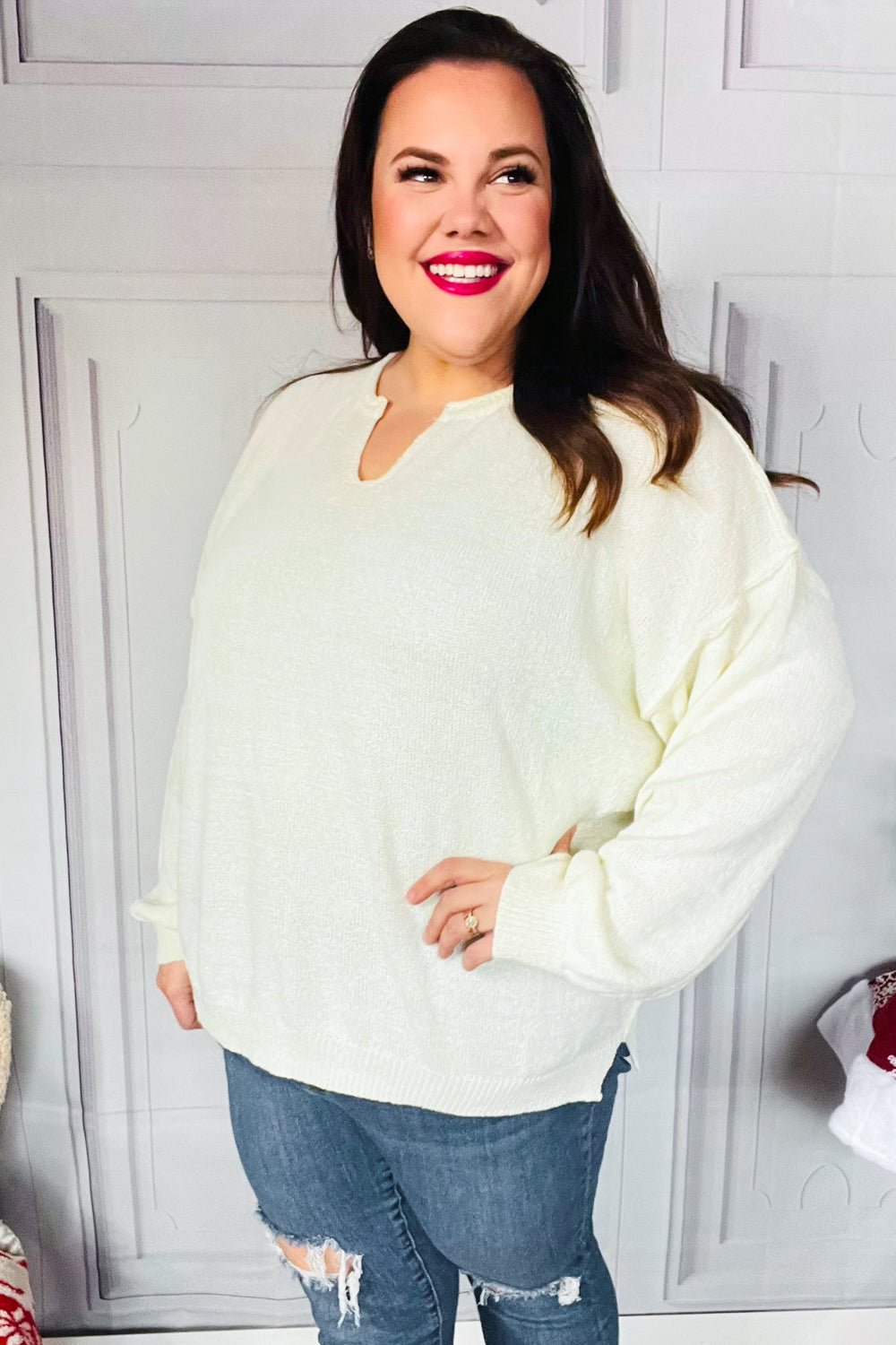 Lock Eyes Ivory Notched Neck With Patch Oversized Sweater | Nikki &amp; Co. Boutique