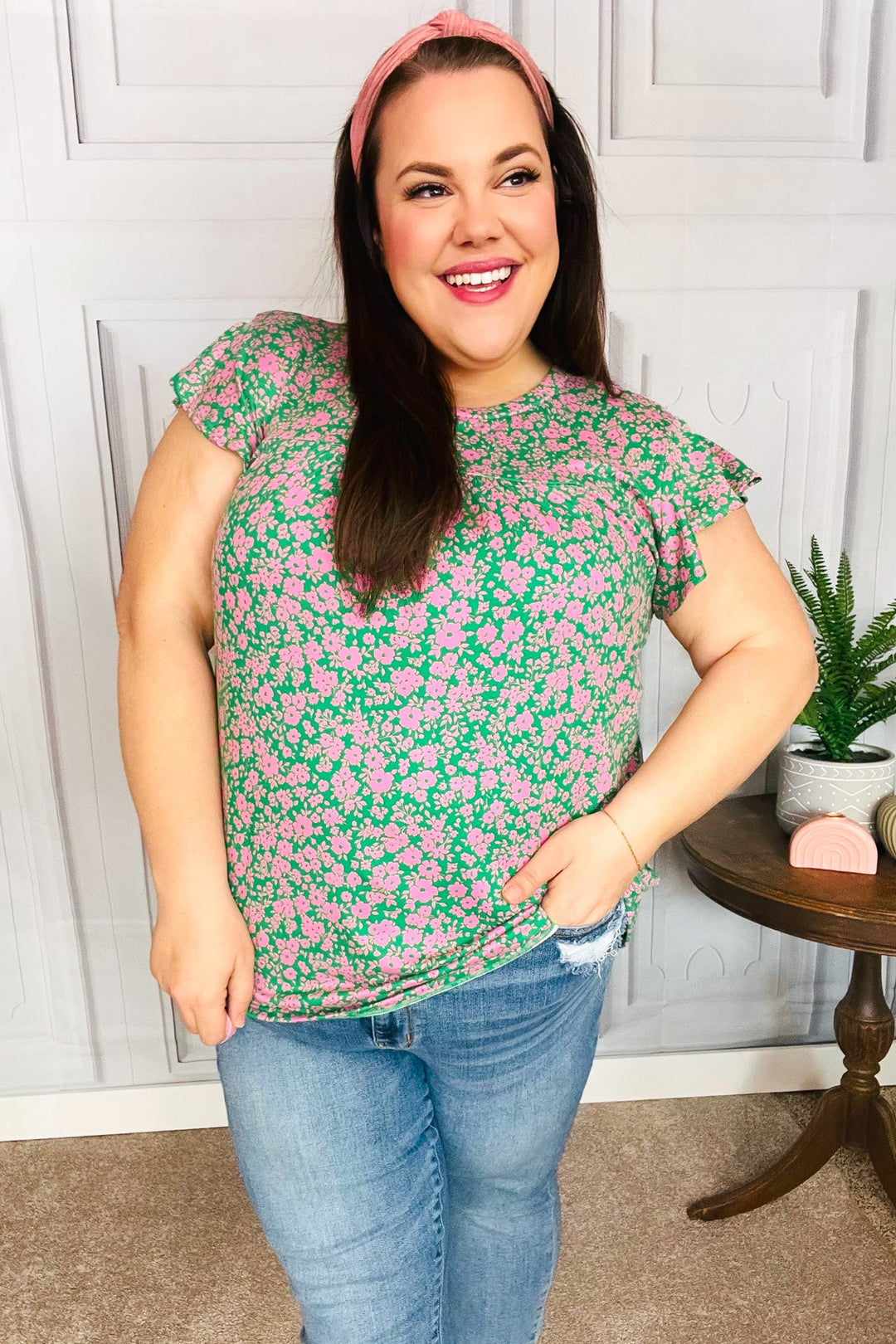 Dreamy Green &amp; Pink Floral Yoke Ruffle Shorts Sleeve Tops | Nikki &amp; Co. Boutique