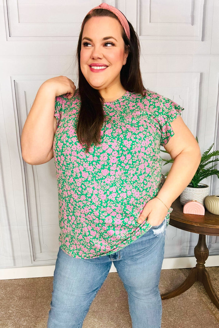 Dreamy Green &amp; Pink Floral Yoke Ruffle Shorts Sleeve Tops | Nikki &amp; Co. Boutique