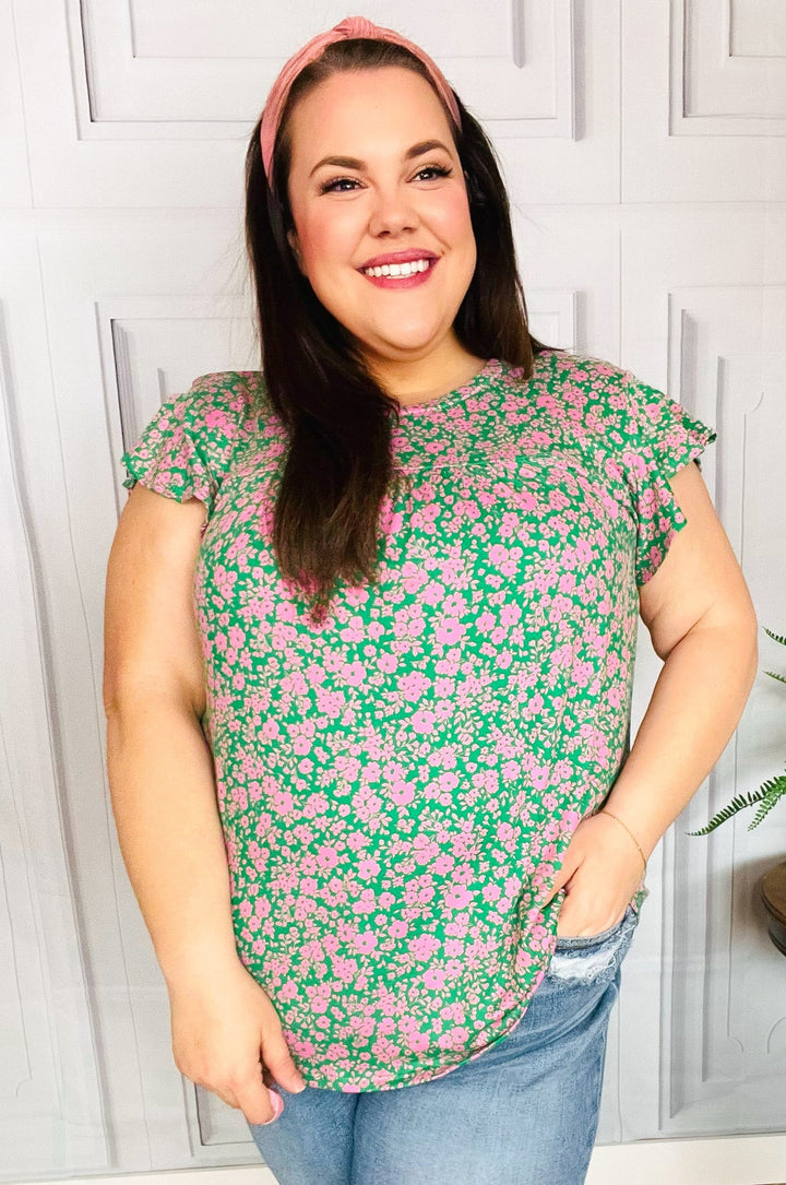Dreamy Green &amp; Pink Floral Yoke Ruffle Shorts Sleeve Tops | Nikki &amp; Co. Boutique