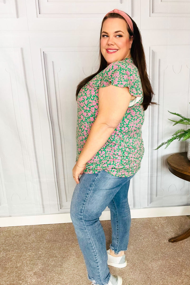 Dreamy Green &amp; Pink Floral Yoke Ruffle Shorts Sleeve Tops | Nikki &amp; Co. Boutique