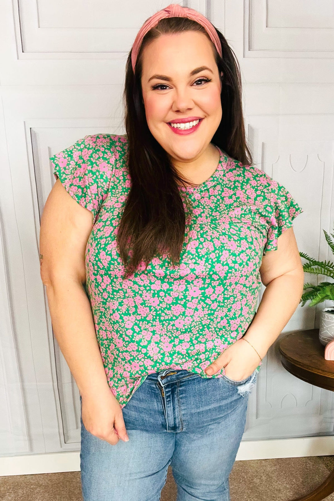 Dreamy Green &amp; Pink Floral Yoke Ruffle Shorts Sleeve Tops | Nikki &amp; Co. Boutique