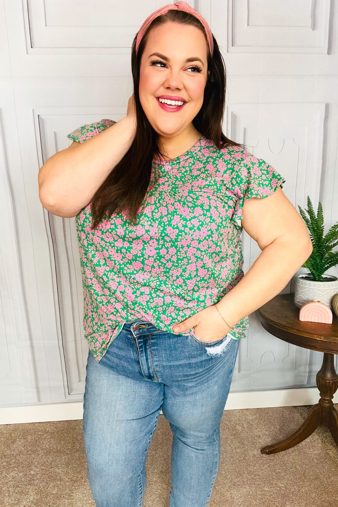 Dreamy Green &amp; Pink Floral Yoke Ruffle Shorts Sleeve Tops | Nikki &amp; Co. Boutique
