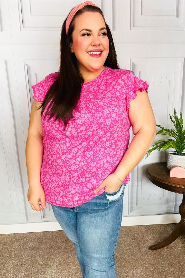 Look Of Love Fuchsia Floral Yoke Ruffle Shorts Sleeve Tops | Nikki &amp; Co. Boutique