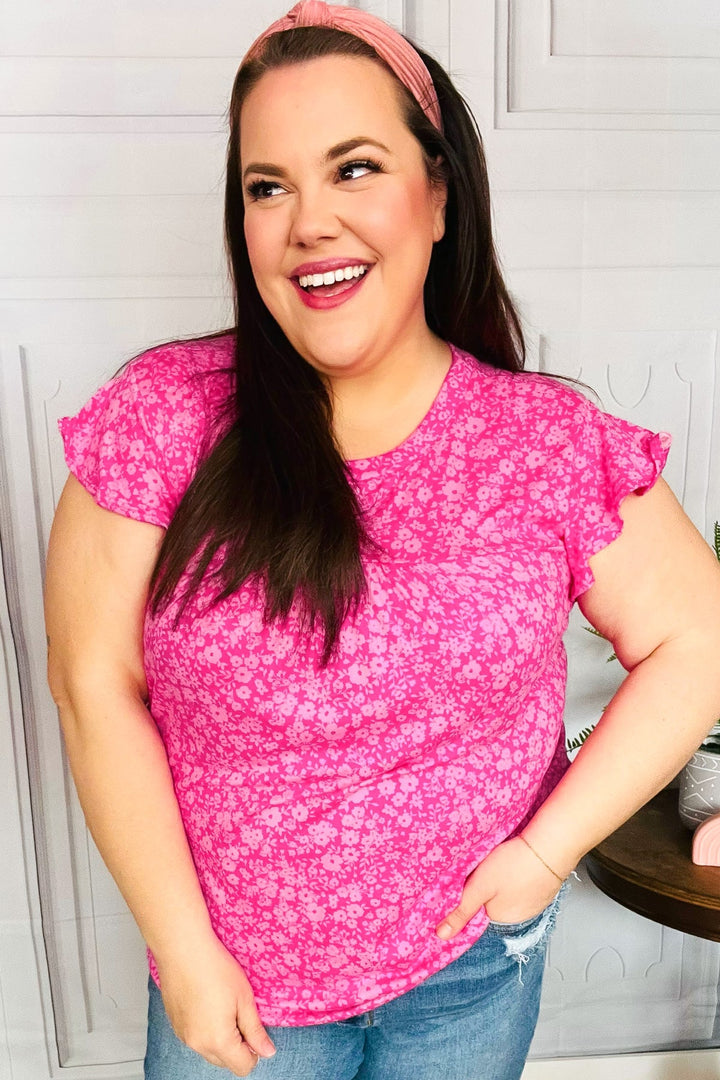 Look Of Love Fuchsia Floral Yoke Ruffle Shorts Sleeve Tops | Nikki &amp; Co. Boutique