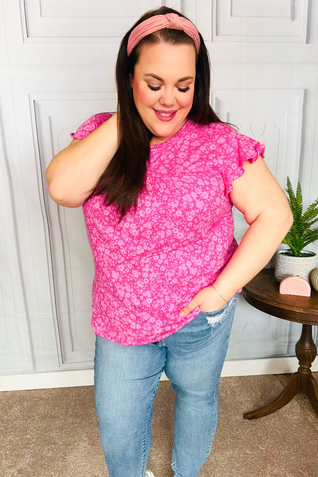Look Of Love Fuchsia Floral Yoke Ruffle Shorts Sleeve Tops | Nikki &amp; Co. Boutique