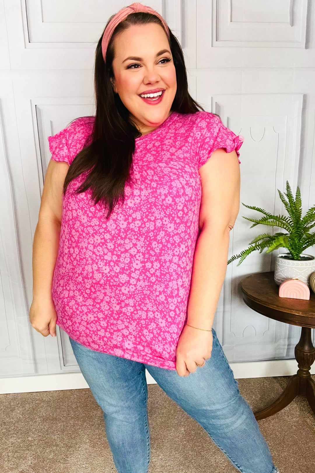 Look Of Love Fuchsia Floral Yoke Ruffle Shorts Sleeve Tops | Nikki &amp; Co. Boutique