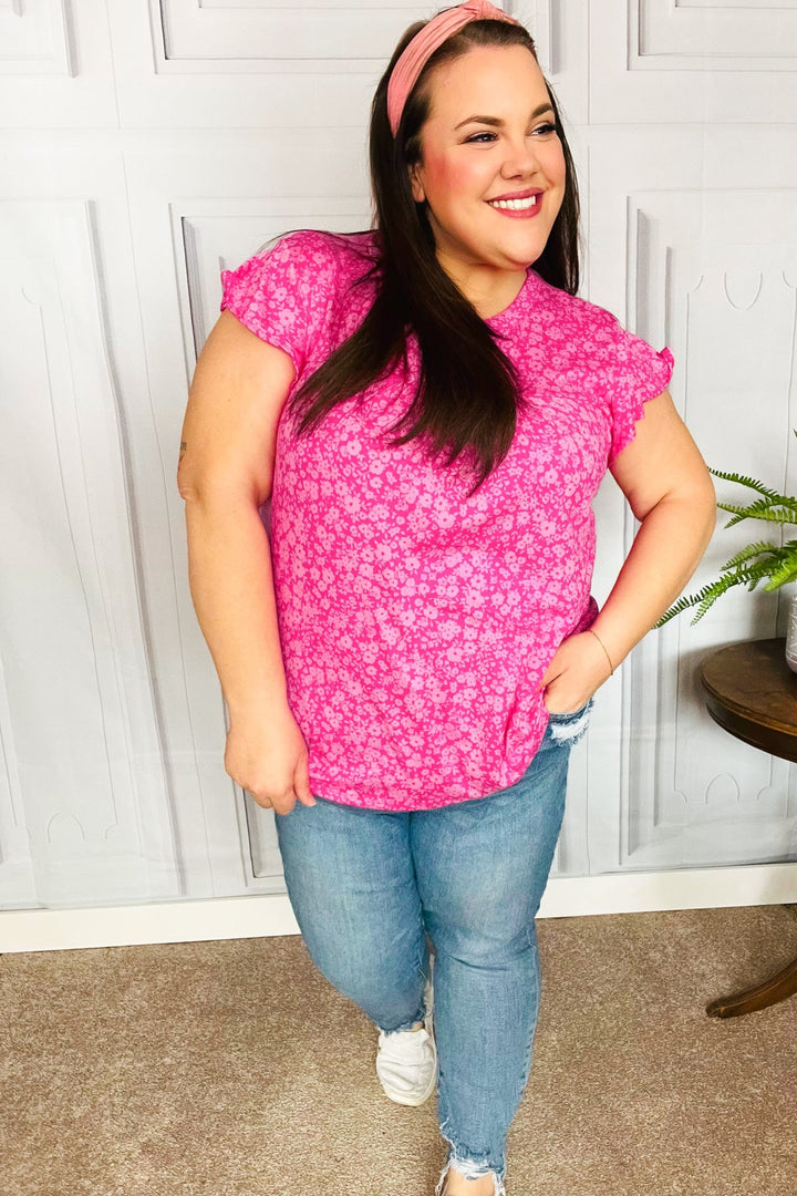 Look Of Love Fuchsia Floral Yoke Ruffle Shorts Sleeve Tops | Nikki &amp; Co. Boutique