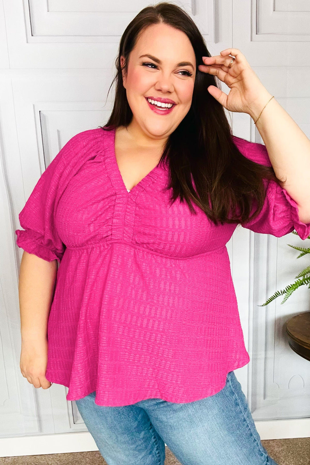 Feeling Strong Fuchsia Textured V Neck Babydoll Tops | Nikki &amp; Co. Boutique